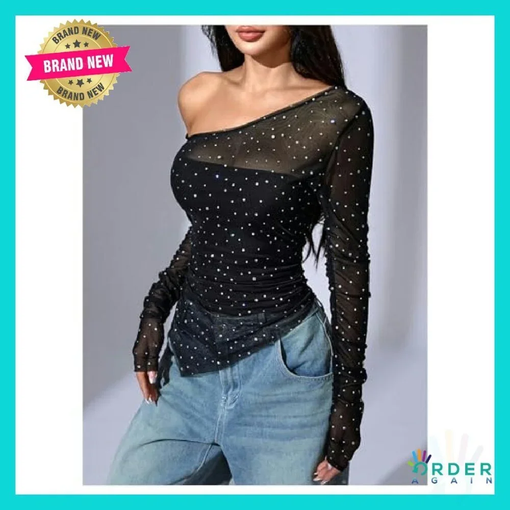 Sequin Sheer Top One Shoulder Ruched Long Sleeve Tee Chic Party Wear